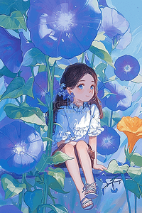 夏季女孩唯美紫色喇叭花手绘海报插画素材