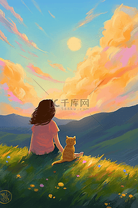 唯美插画夕阳夏季女孩小猫手绘海报