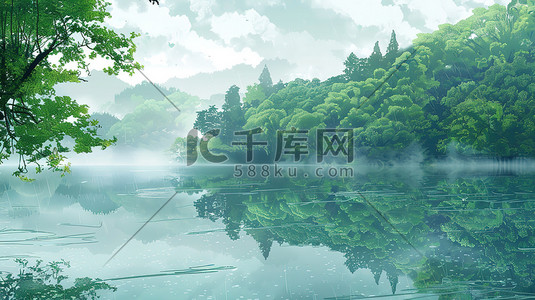 中国原创插画图片_中国风水彩画湖泊山水原创插画