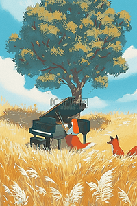 钢琴卡通插画图片_风景女孩钢琴手绘插画海报唯美
