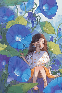 女孩紫色喇叭花唯美手绘夏季海报图片