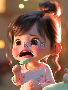 哭泣的插画图片_可爱的女孩发脾气刷牙原创插画
