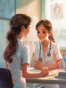 微笑征集令插画图片_微笑的医生医院女孩病人交谈