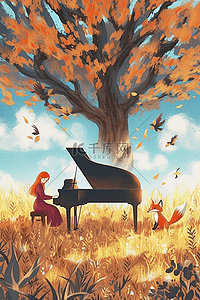 风景唯美女孩钢琴手绘插画海报
