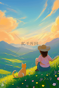 一只小猫插画图片_唯美夏季插画夕阳女孩小猫手绘海报