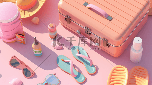 旅行箱箱插画图片_夏季粉色旅行箱用品防晒的插画
