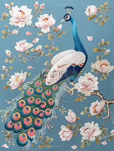 孔雀和木兰花刺绣风格插画素材