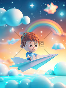 可爱男孩坐在白色的纸飞机上原创插画