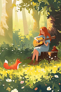 夏季女孩吉他深林海报插画