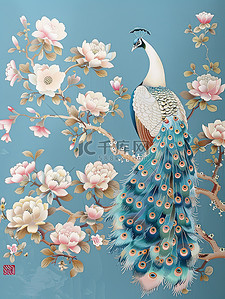孔雀和木兰花刺绣风格图片