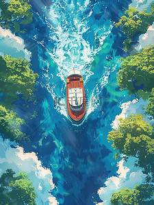 小船在蓝色海洋中航行的鸟瞰图矢量插画