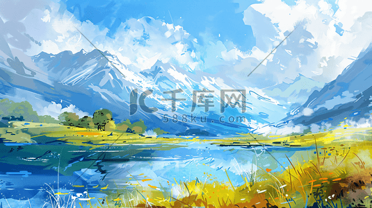 户外美景插画图片_唯美山峰湖泊美景11