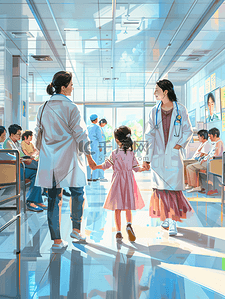 普普插画图片_家庭医生小轻的母亲带着女儿群医生医院里