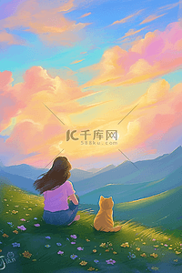 夏季唯美插画夕阳手绘女孩小猫海报