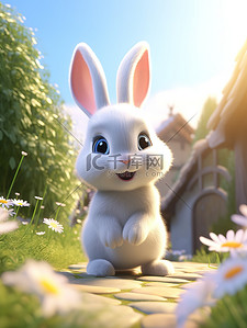 花园里散步的小白兔插画设计