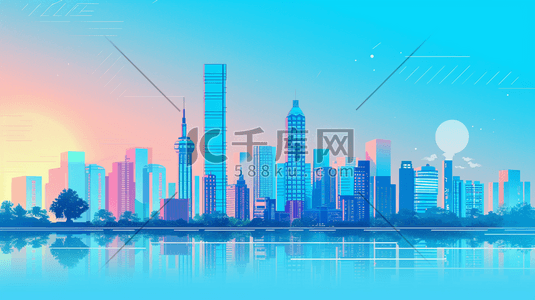 平面透视插画图片_蓝色城市建筑风景平面插画