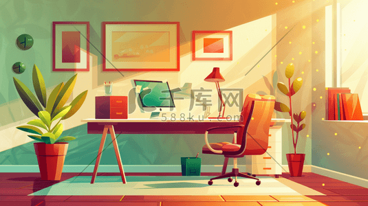 办公桌文具插画图片_现代化简约的办公书房插画