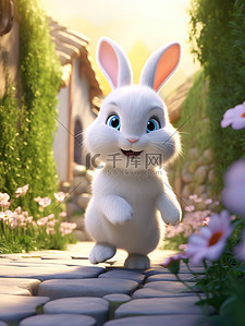 花园里散步的小白兔插画设计