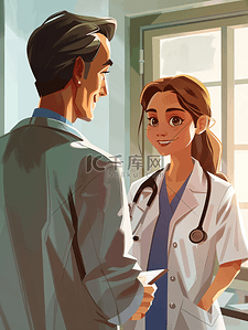 大表情微笑表情插画图片_微笑的医生医院女孩病人交谈