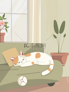 卡通短发女飒插画图片_睡在沙发上的猫咪卡通图片