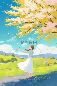 山上的楼插画图片_夏季女孩山上插画唯美海报