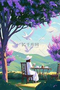 白鸽的插画图片_风景女孩赏花夏季手绘插画海报