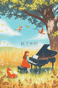 钢琴卡通插画图片_风景女孩唯美钢琴手绘插画海报