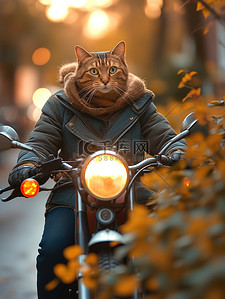 勤奋勇敢插画图片_骑摩托车的猫冒险插画设计