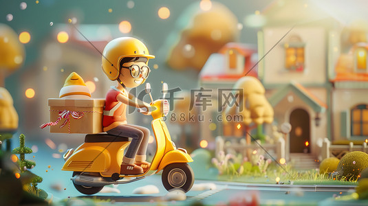 燃烧的电动车插画图片_快乐送餐员骑着黄色电动车插画海报
