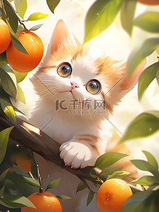 小猫猫可爱插画图片_一只小猫在果树上素材