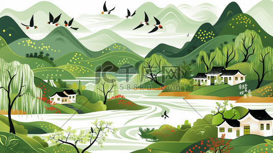 湖水树小鸟插画图片_春季青山绿水旁的村庄插画