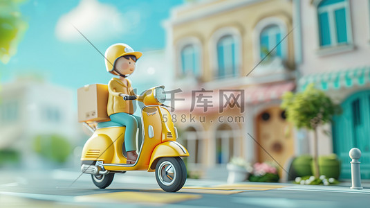 电动车实物插画图片_快乐送餐员骑着黄色电动车插画素材