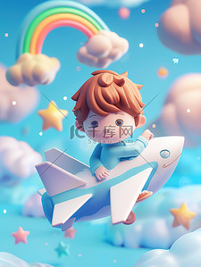 可爱卡通白色插画图片_可爱男孩坐在白色的纸飞机上插画素材