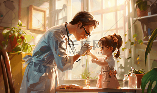 肺插画图片_照顾小女孩的医生