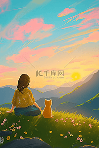 唯美插画夕阳女孩小猫夏季手绘海报