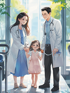 小手箭头插画图片_家庭医生小轻的母亲带着女儿群医生医院里