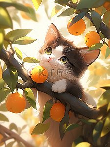 一只小猫在果树上图片