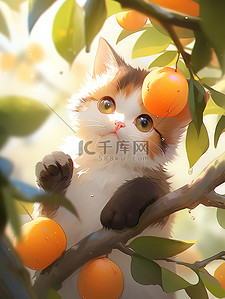 一只小猫在果树上原创插画