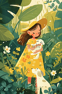 黄色快乐插画图片_女孩夏季植物唯美手绘插画海报