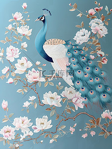 孔雀和木兰花刺绣风格插画设计