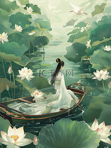 船上的门插画图片_古风女孩坐在荷花池的船上原创插画