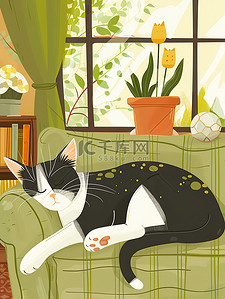 睡觉卡通插画图片_睡在沙发上的猫咪卡通原创插画