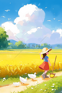 蜂蜜后面插画图片_田间女孩手绘夏季插画海报