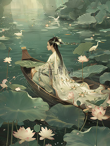 船上的门插画图片_古风女孩坐在荷花池的船上图片