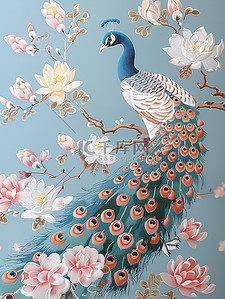 孔雀和木兰花刺绣风格素材