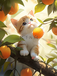 小猫猫可爱插画图片_一只小猫在果树上矢量插画