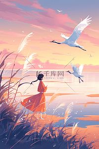 白色的丹顶鹤插画图片_夕阳唯美女孩天空海边夏季手绘海报插图