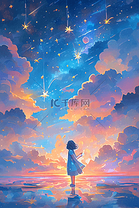 唯美手绘天空星光云朵插画海报