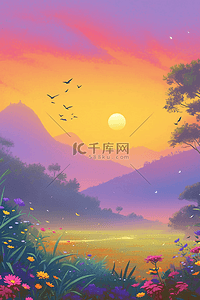 小紫花花环插画图片_夏季夕阳手绘唯美插画海报