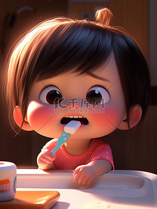 哭泣的插画图片_可爱的女孩发脾气刷牙素材